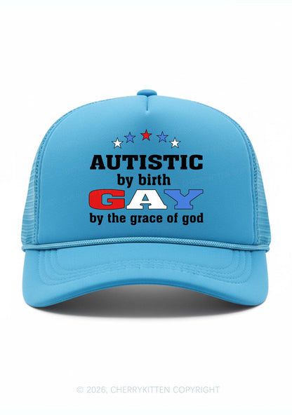 Autistic By Birth Gay Pride Y2K Trucker Hat Cherrykitten