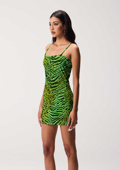 Green Zebra Leopard Pattern St Patricks Y2K Print Slip Dress Cherrykitten