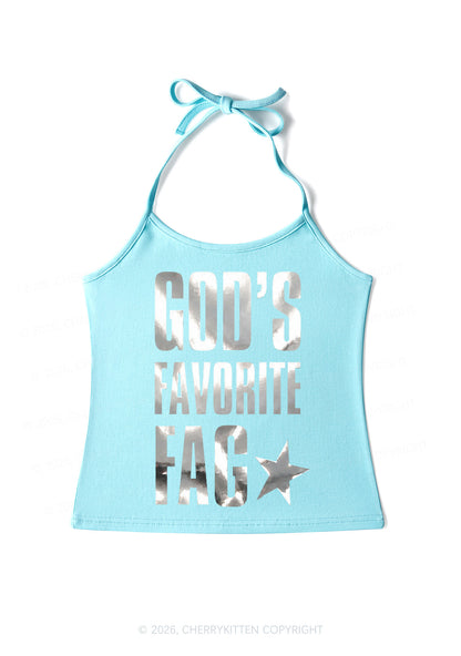 Gods Favorite Fag Pride Silver Foil Printed Y2K Halter Neck Cami Cherrykitten