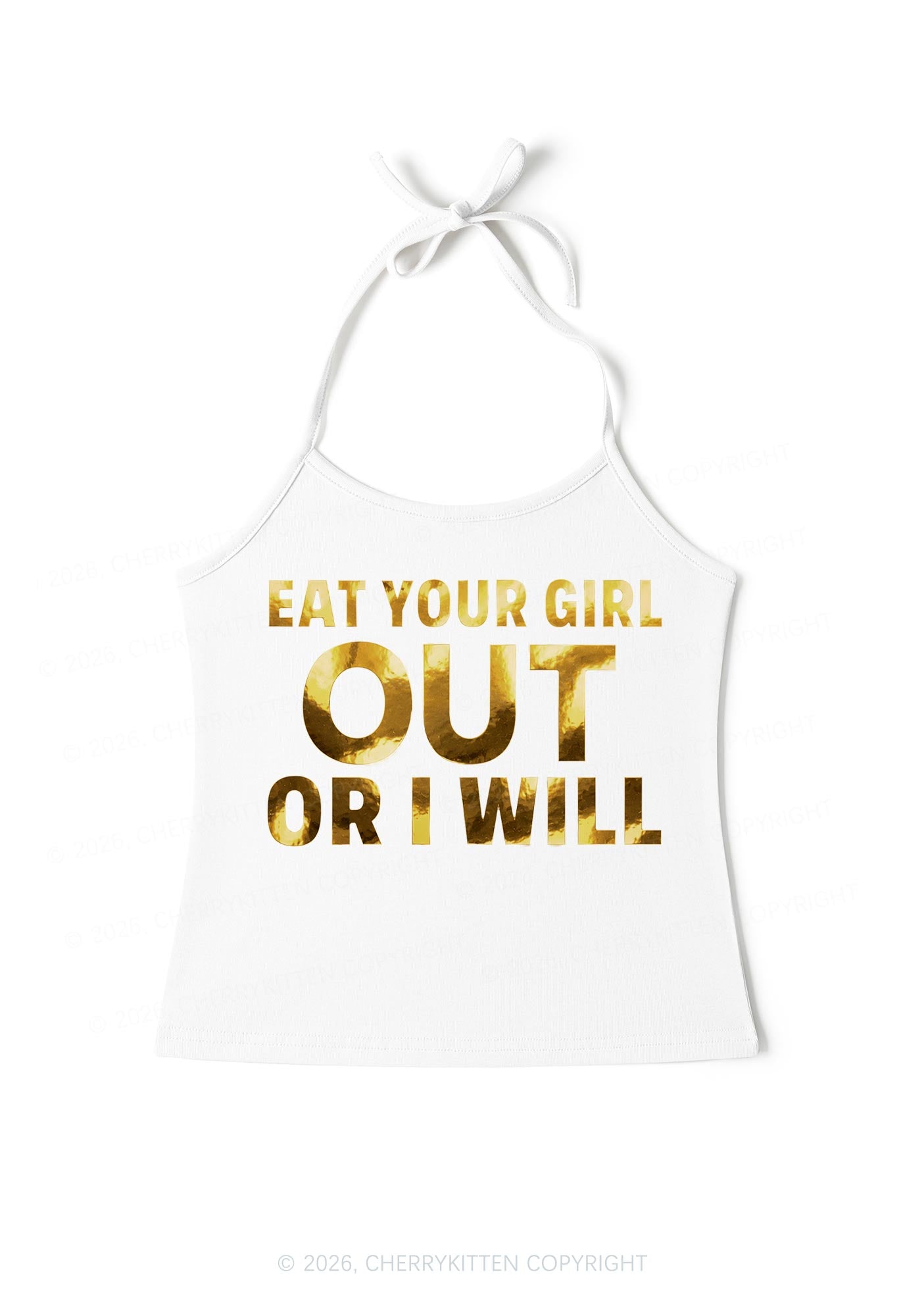 Eat Your Girl Out Silver Foil Printed Y2K Halter Neck Cami Cherrykitten