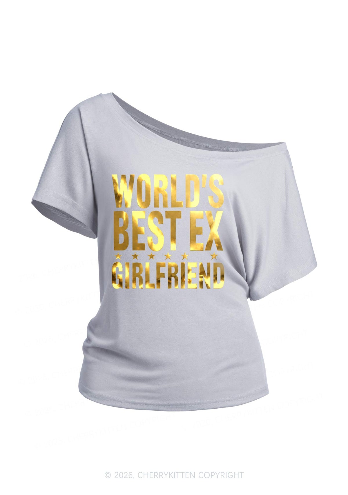 Best Ex Girlfriend Silver Foil Printed Y2K Off Shoulder Tee Cherrykitten