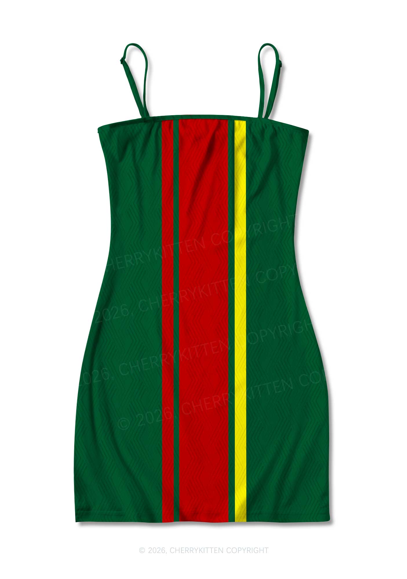 Dark Green Red Yellow Vertical Stripe Y2K Print Slip Dress Cherrykitten