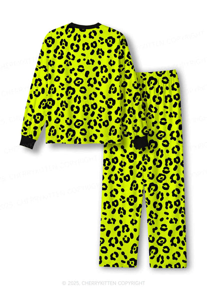 Neon Leopard Y2K Print Long Sleeve Pajama Set Cherrykitten