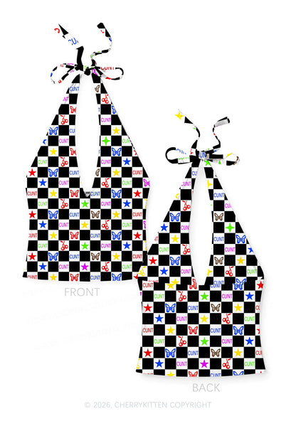 Black White Checkered Cxxt Y2K Print Halter Deep V Neck Cami Cherrykitten