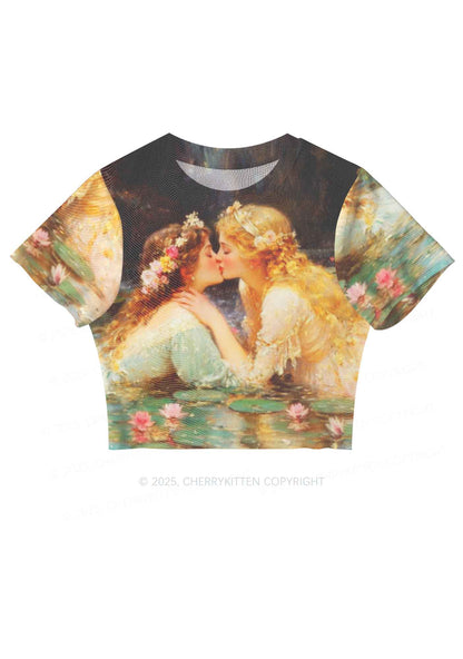 Romantic Kissing Girls Pride Y2K Mesh Crop Top Cherrykitten