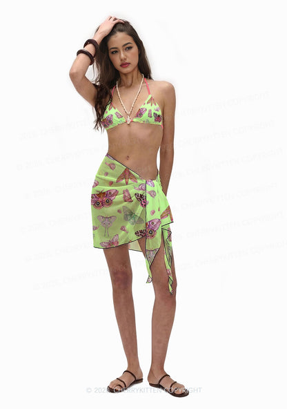 Lime Green Moth Snail Y2K Print Bikini Set Cherrykitten