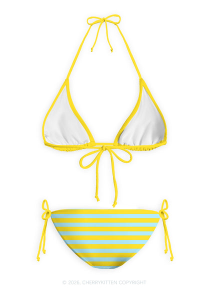 Blue And Yellow Stripes Y2K Print Bikini Set Cherrykitten