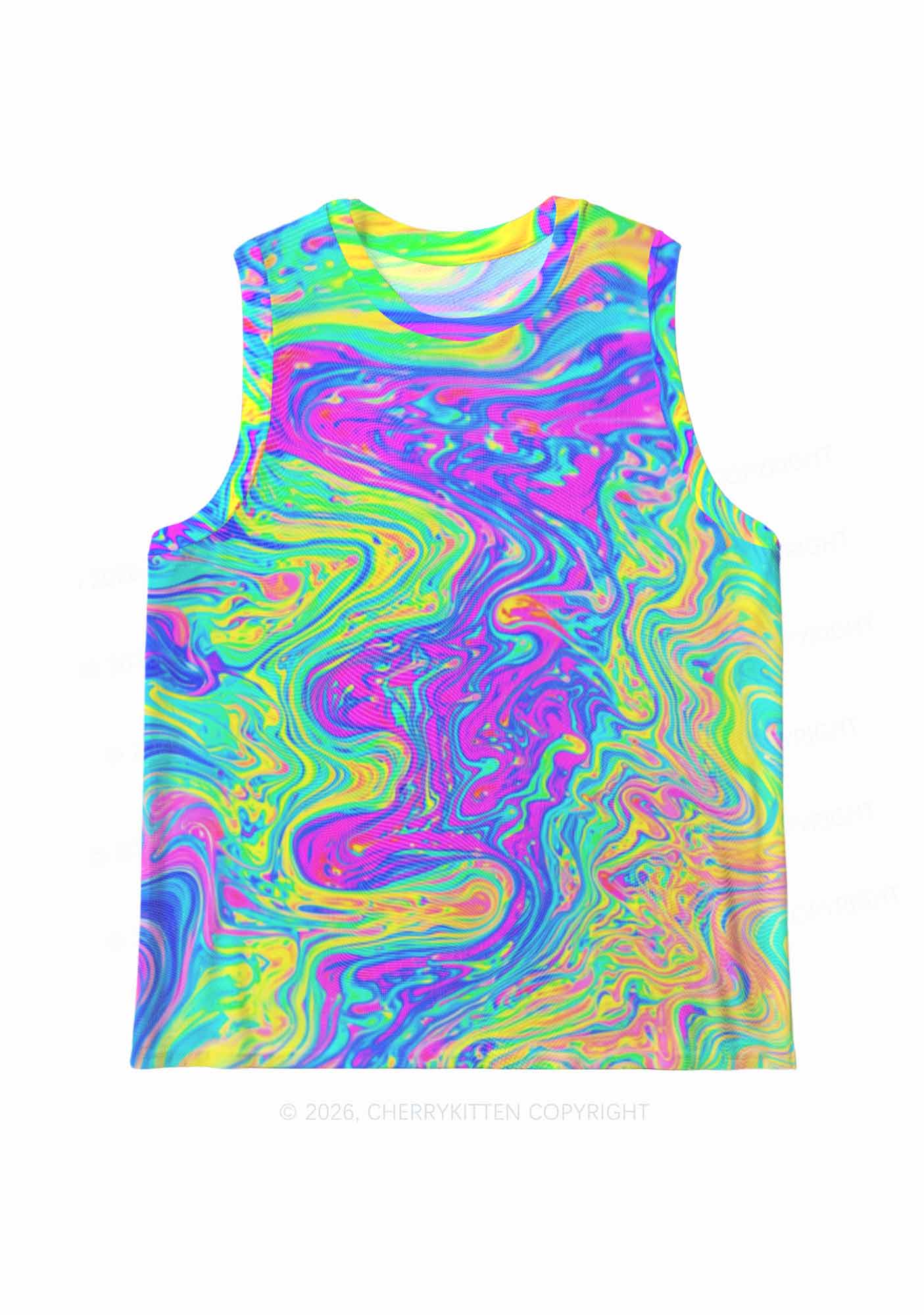 Rainbow Fluid Swirl Y2K Mesh Muscle Tank Cherrykitten