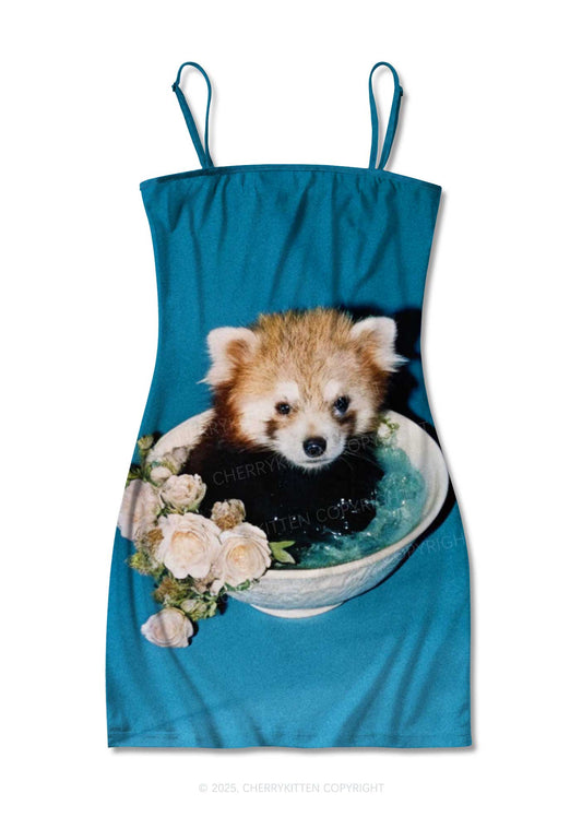 Red Panda In Bowl Y2K Print Slip Dress Cherrykitten