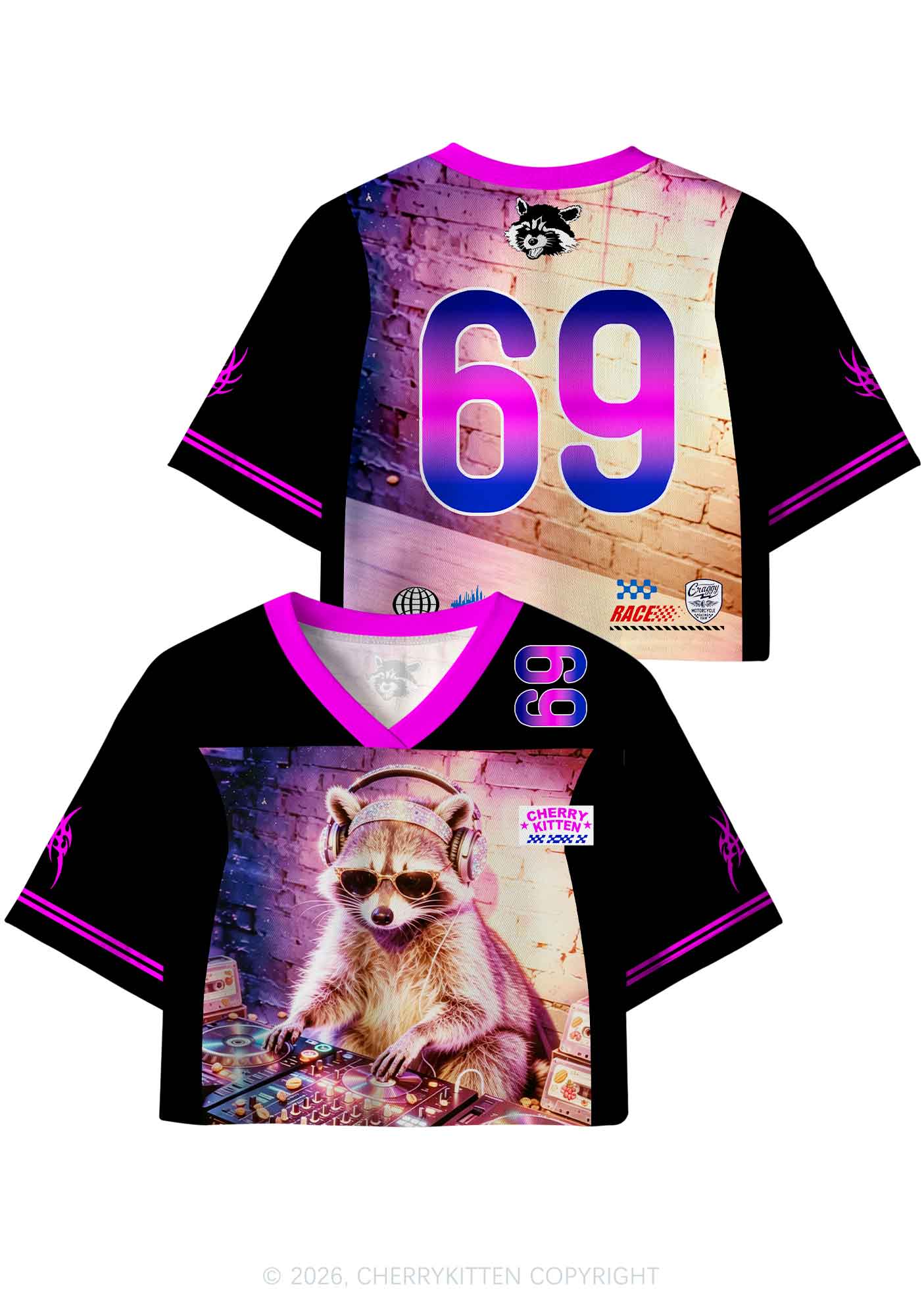Club DJ Raccoon Y2K Crop Sport Jersey Shirts Cherrykitten