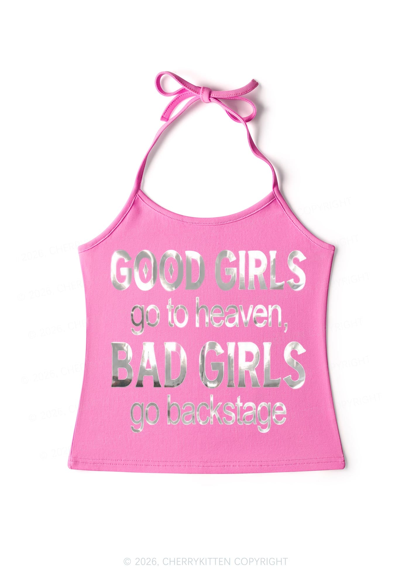 Bad Girls Go Backstage Silver Foil Printed Y2K Halter Neck Cami Cherrykitten