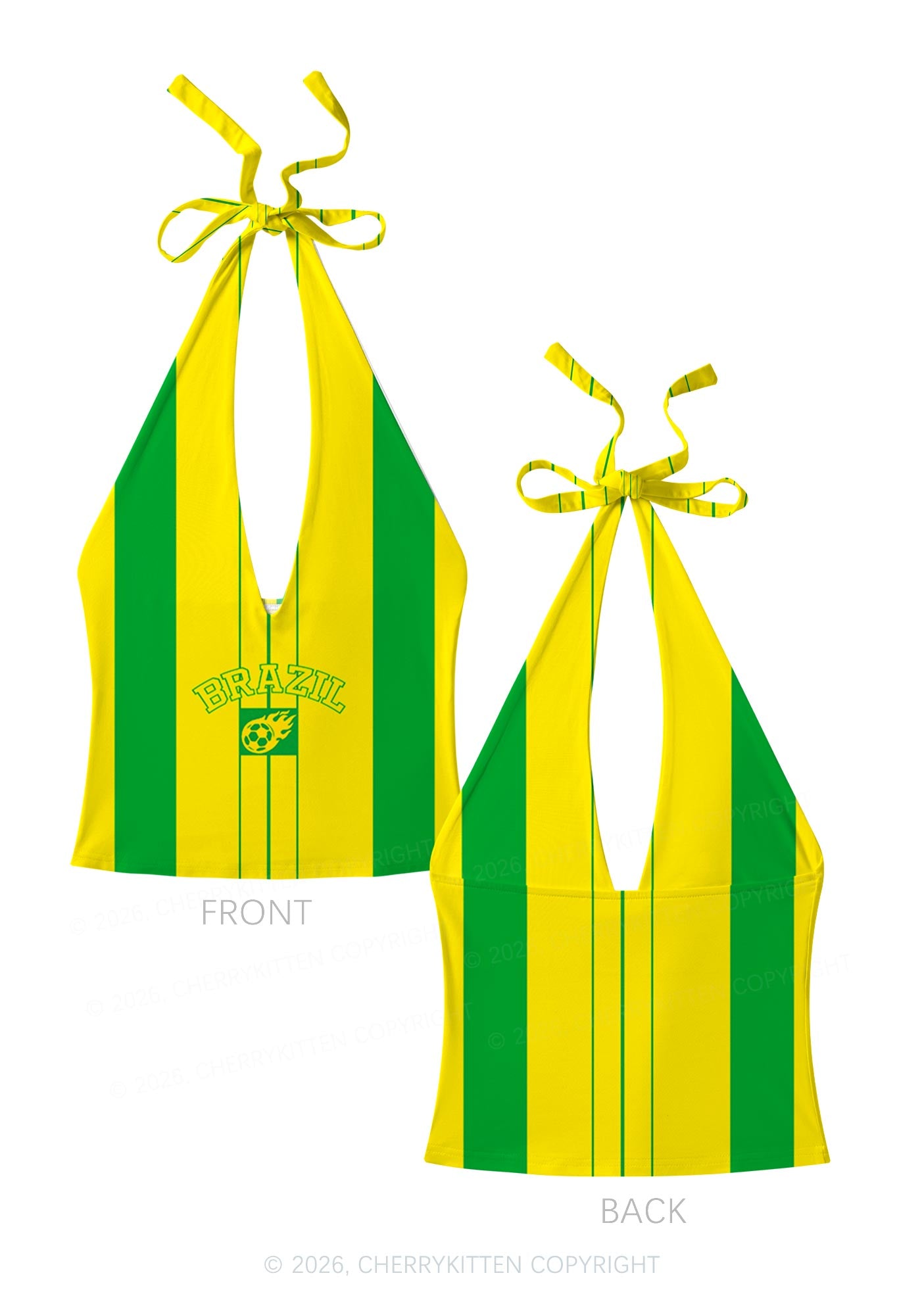 Green Yellow Vertical Stripe Y2K Print Halter Deep V Neck Cami Cherrykitten