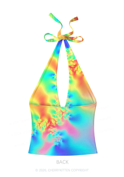 Rainbow Thermal Pride Y2K Print Halter Deep V Neck Cami Cherrykitten