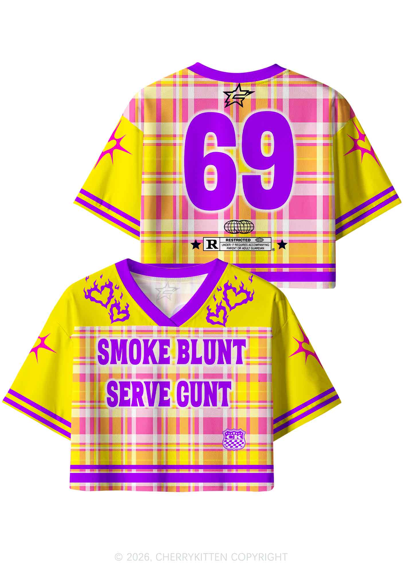 Smoke Blunt Yellow Plaid Y2K Crop Sport Jersey Shirts Cherrykitten