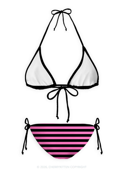 Pink And Black Stripes Y2K Print Bikini Set Cherrykitten