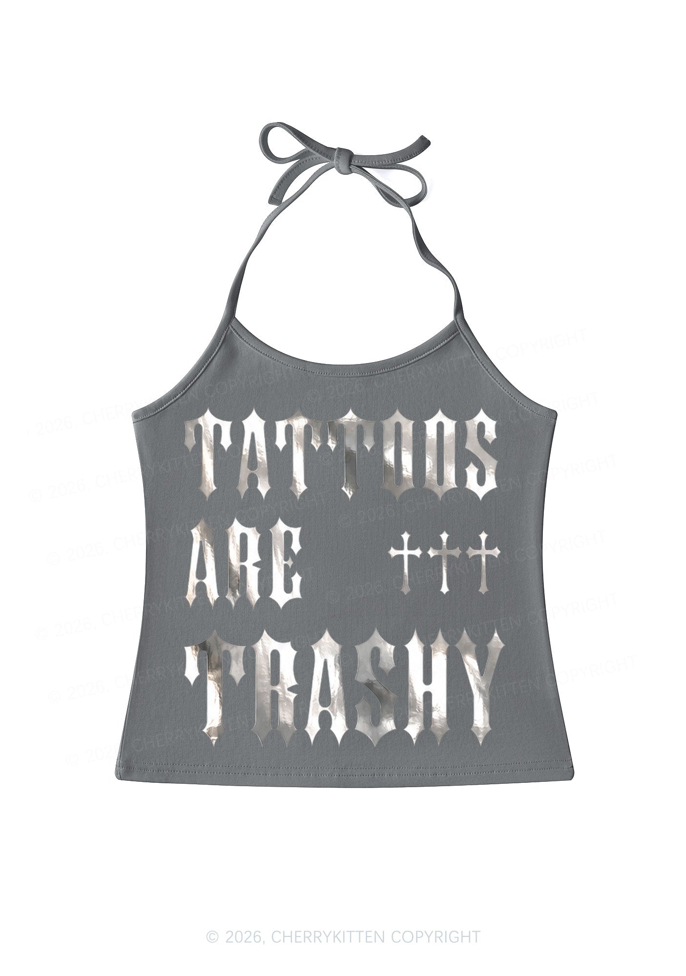 Tattoos Are Trashy Silver Foil Printed Y2K Halter Neck Cami Cherrykitten