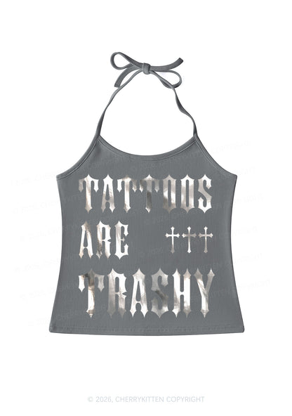 Tattoos Are Trashy Silver Foil Printed Y2K Halter Neck Cami Cherrykitten