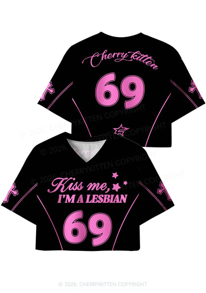 Black Kiss Me Im Lesbian Pride Y2K Crop Sport Jersey Shirts Cherrykitten