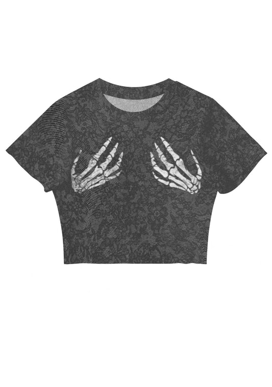 Skeleton Hand Txts Y2K Mesh Crop Top Cherrykitten