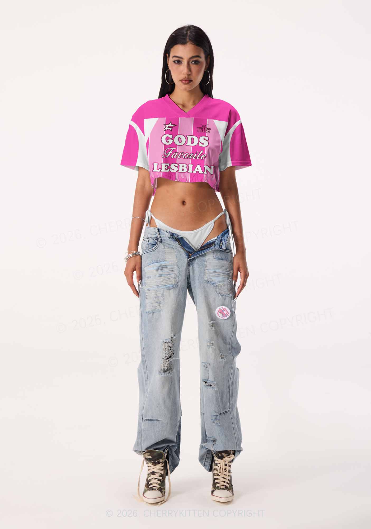 Hot Pink Gods Favorite Lesbian Pride Y2K Crop Sport Jersey Shirts Cherrykitten