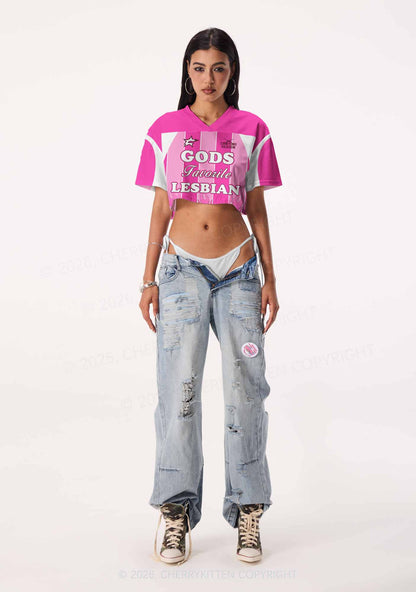 Hot Pink Gods Favorite Lesbian Pride Y2K Crop Sport Jersey Shirts Cherrykitten