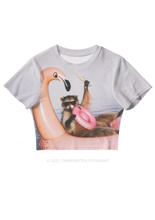 Flamingo Raccoon Y2K Mesh Crop Top Cherrykitten