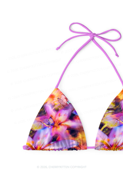 Purple Floral Butterfly Y2K Print Bikini Set Cherrykitten