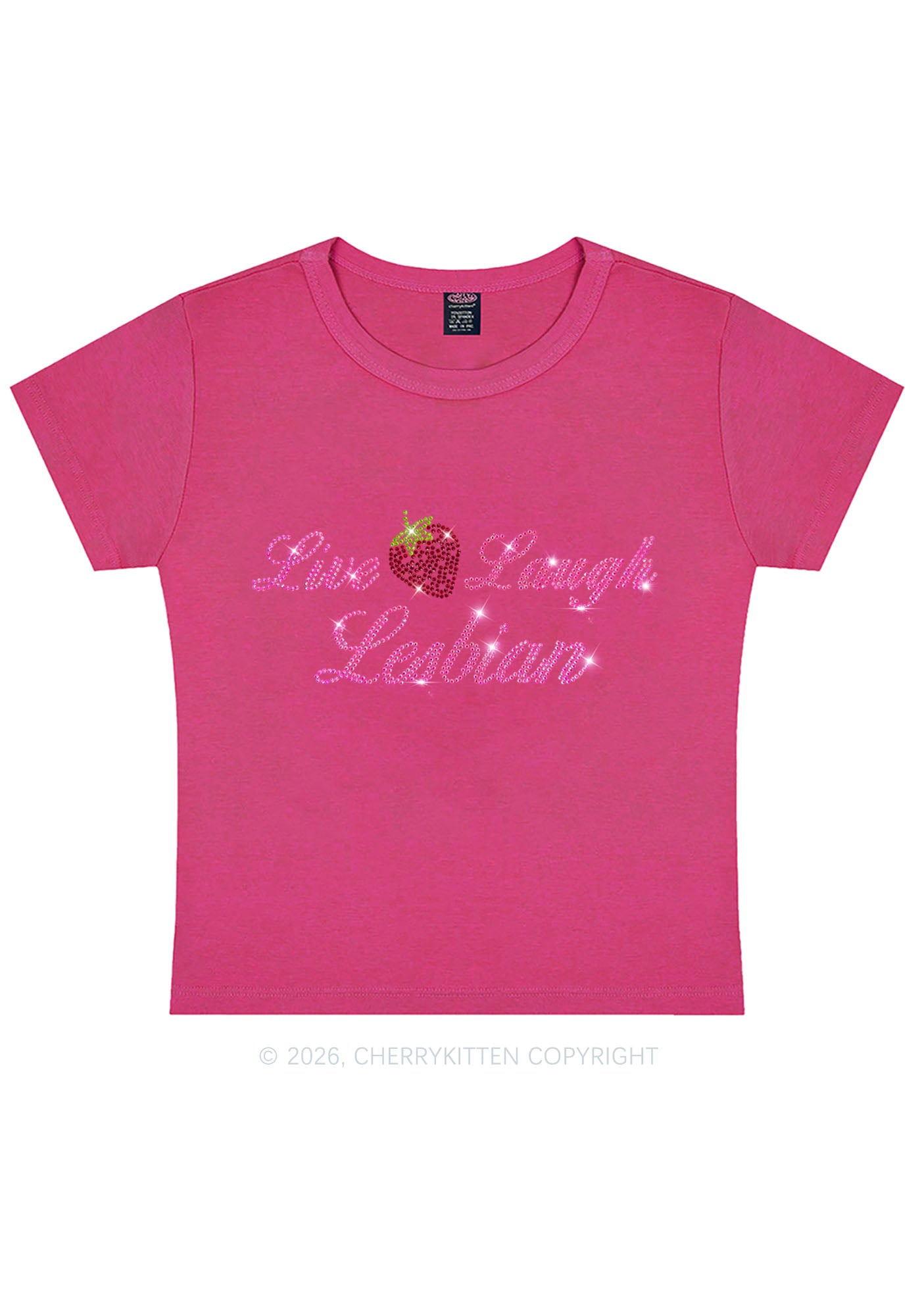 Rhinestone Live Laugh Lesbian Strawberry Pride Y2K Baby Tee Cherrykitten