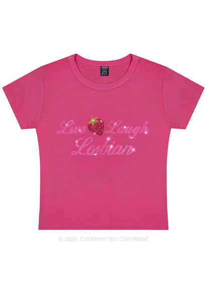 Rhinestone Live Laugh Lesbian Strawberry Pride Y2K Baby Tee Cherrykitten