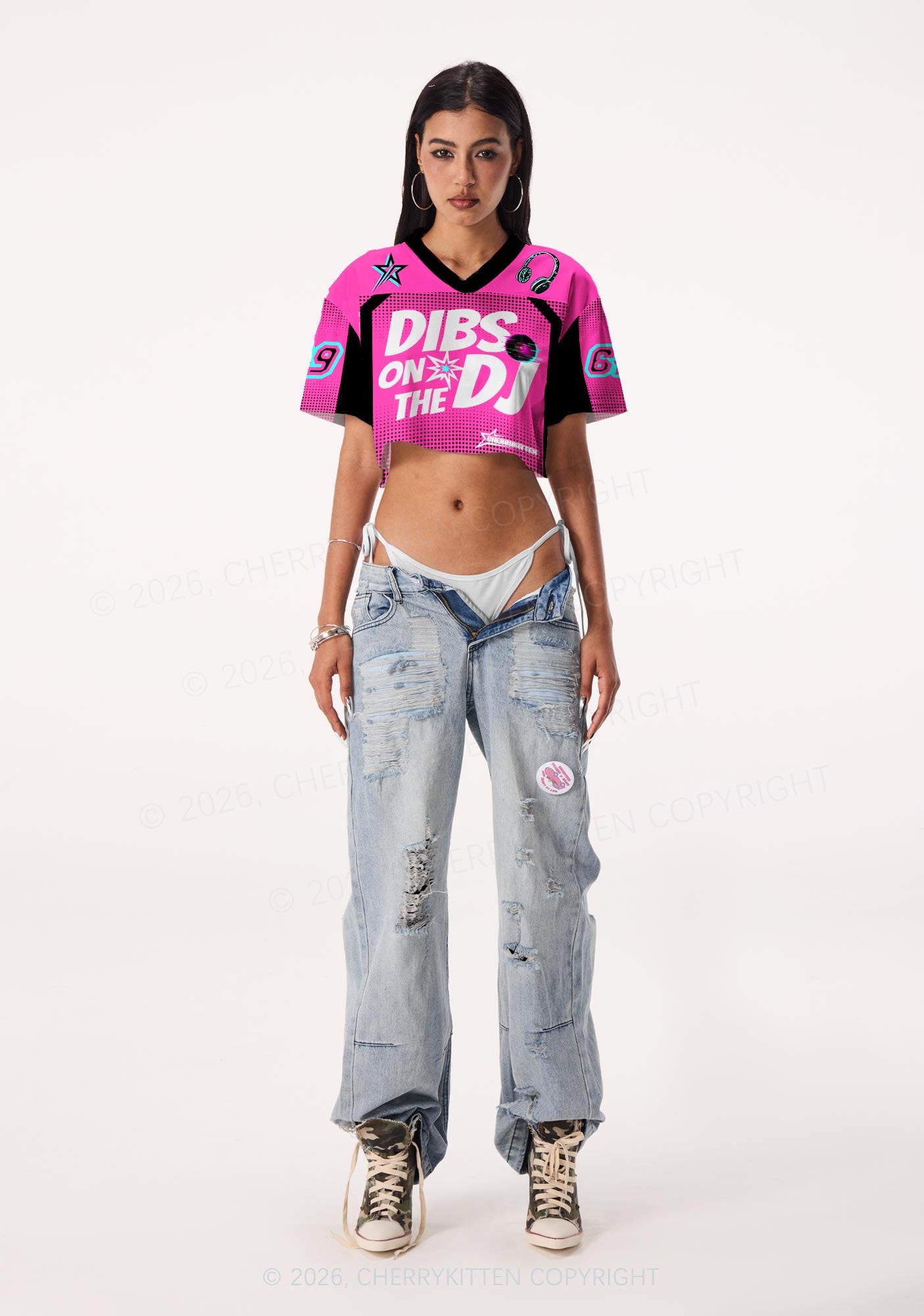 Hot Pink Dibs On The DJ Y2K Crop Sport Jersey Shirts Cherrykitten