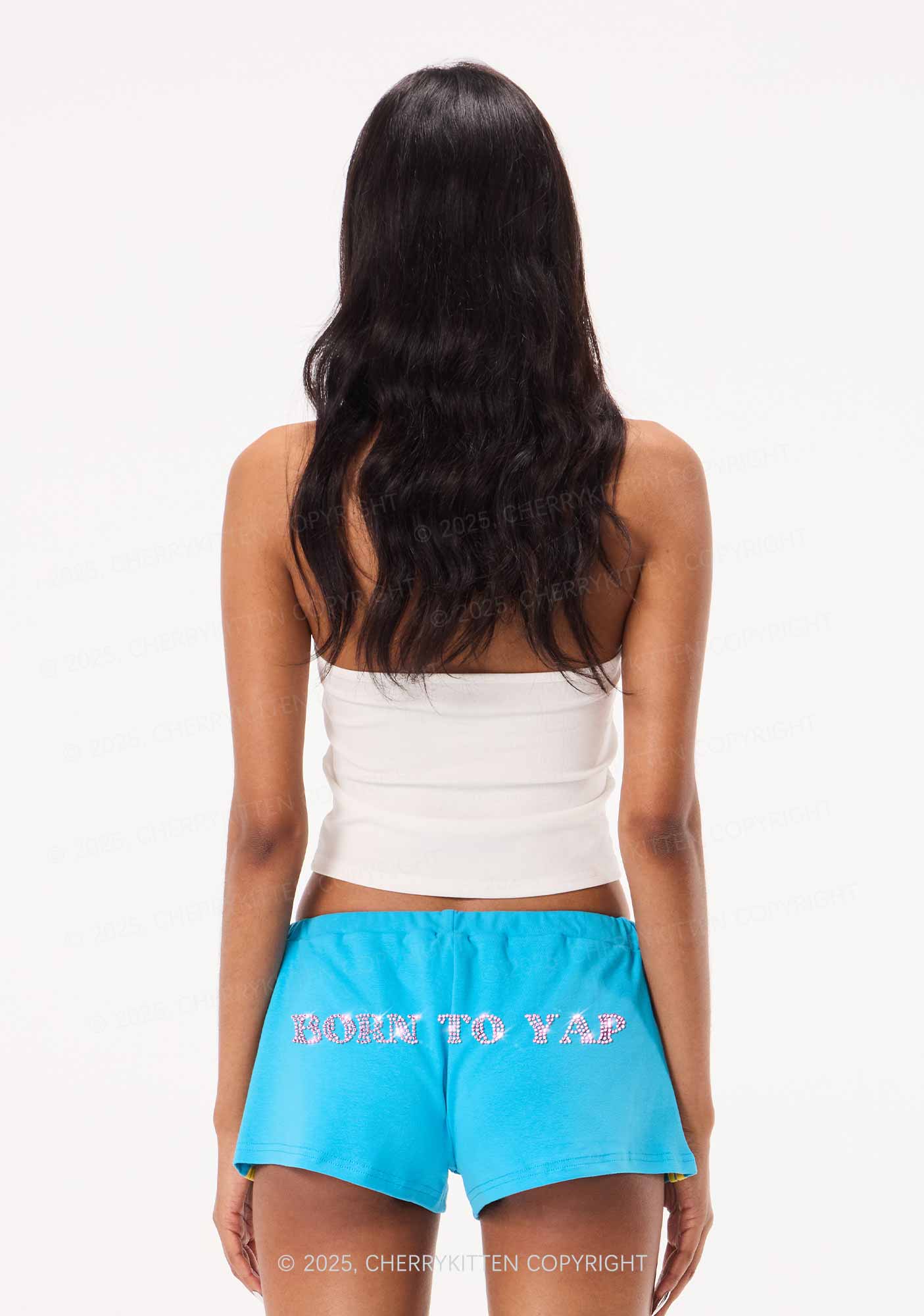 Rhinestone Born To Yap Y2K Drawstring Mini Shorts Cherrykitten