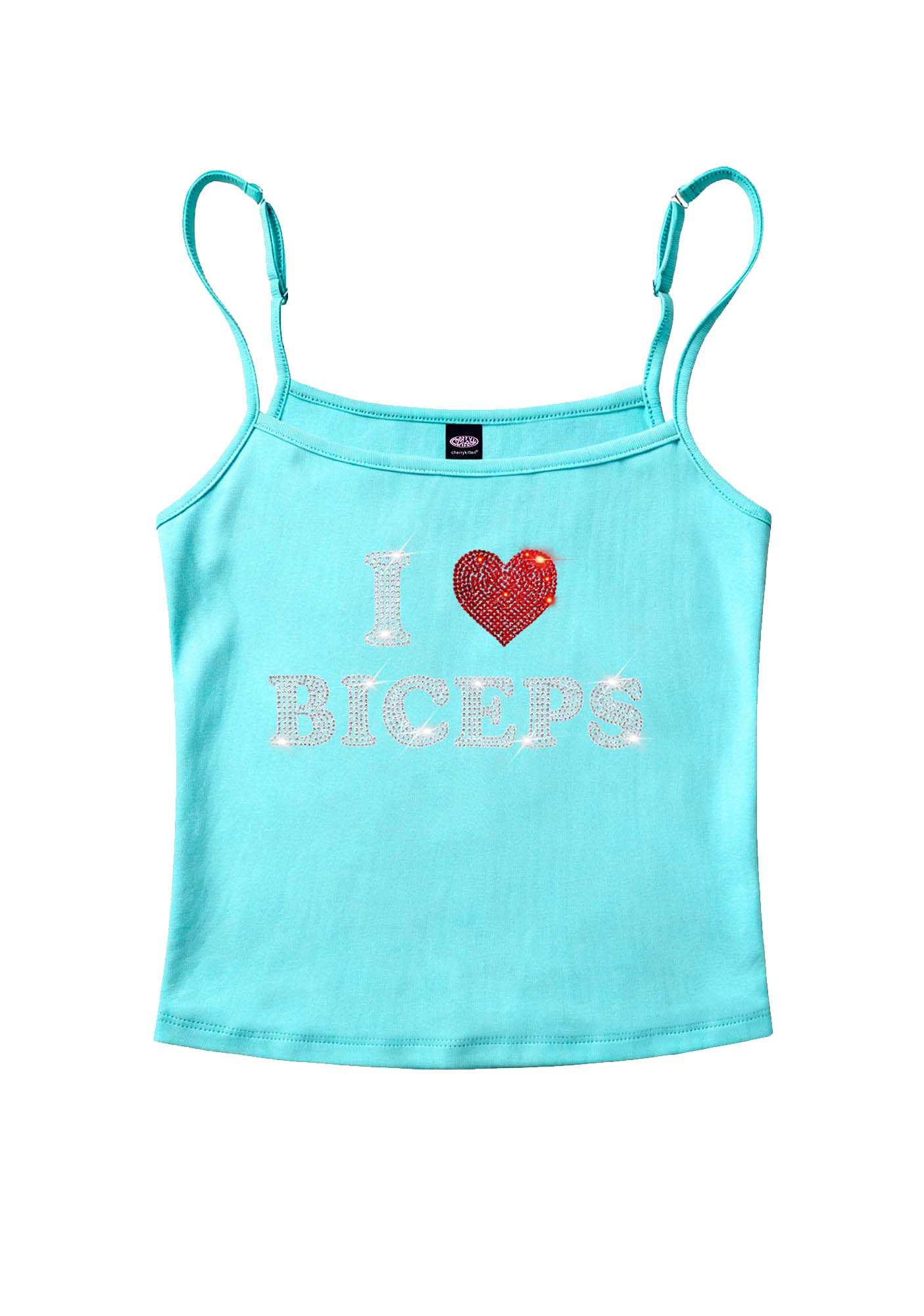 Rhinestone I Love Biceps Y2K Spaghetti Strap Cami Cherrykitten