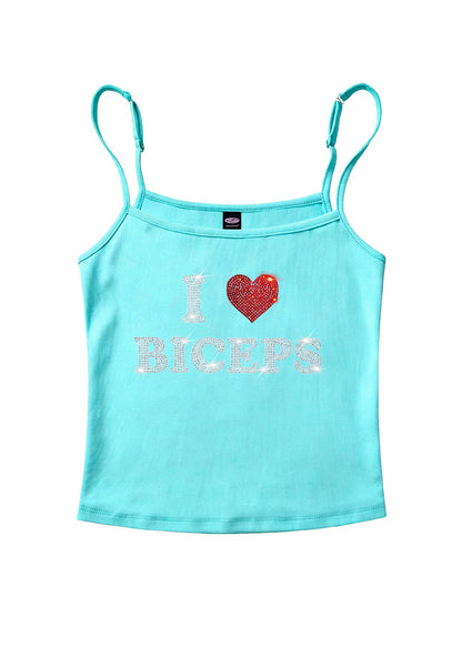Rhinestone I Love Biceps Y2K Spaghetti Strap Cami Cherrykitten