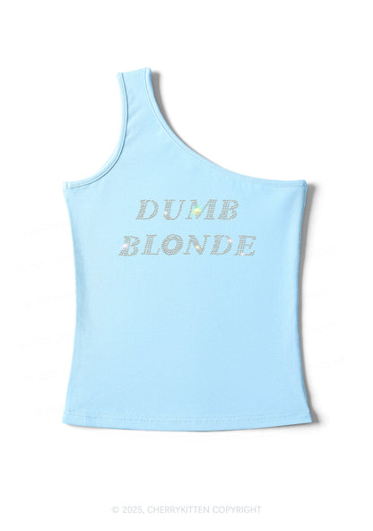 Rhinestone Dumb Blonde Y2K One Shoulder Tank Top Cherrykitten