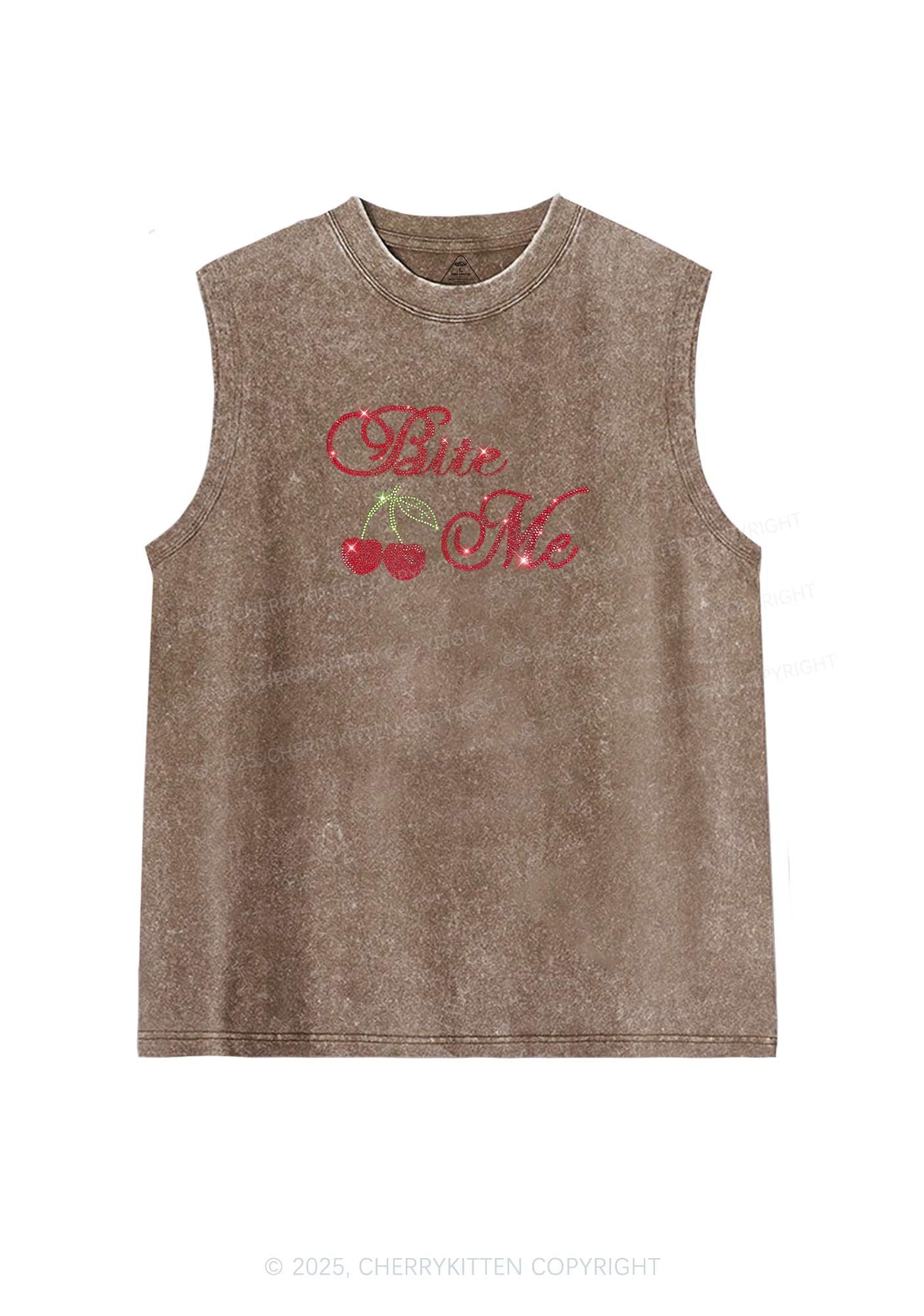 Rhinestone Red Cherry Bite Me Y2K Washed Muscle Tank Cherrykitten