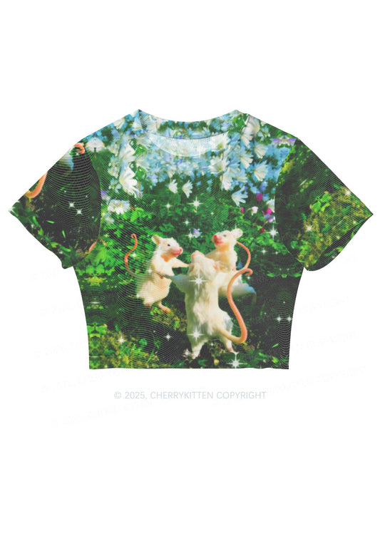 Dancing Rat Y2K Mesh Crop Top Cherrykitten Art by OhStuffinell Taxidermy
