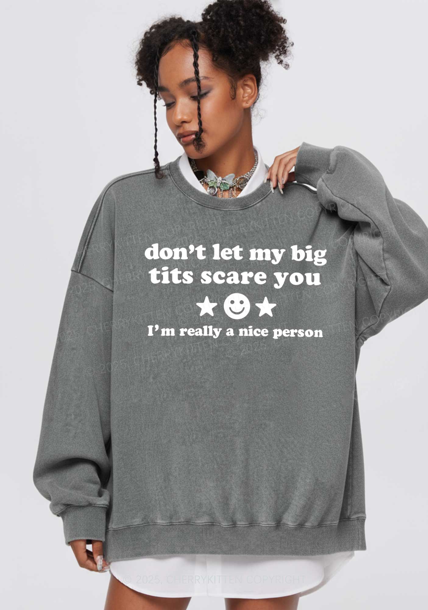 Dont Let My Big Txts Scare You Y2K Washed Sweatshirts Cherrykitten