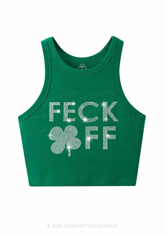 Rhinestone Feck Off St Patricks Y2K Crop Tank Top Cherrykitten