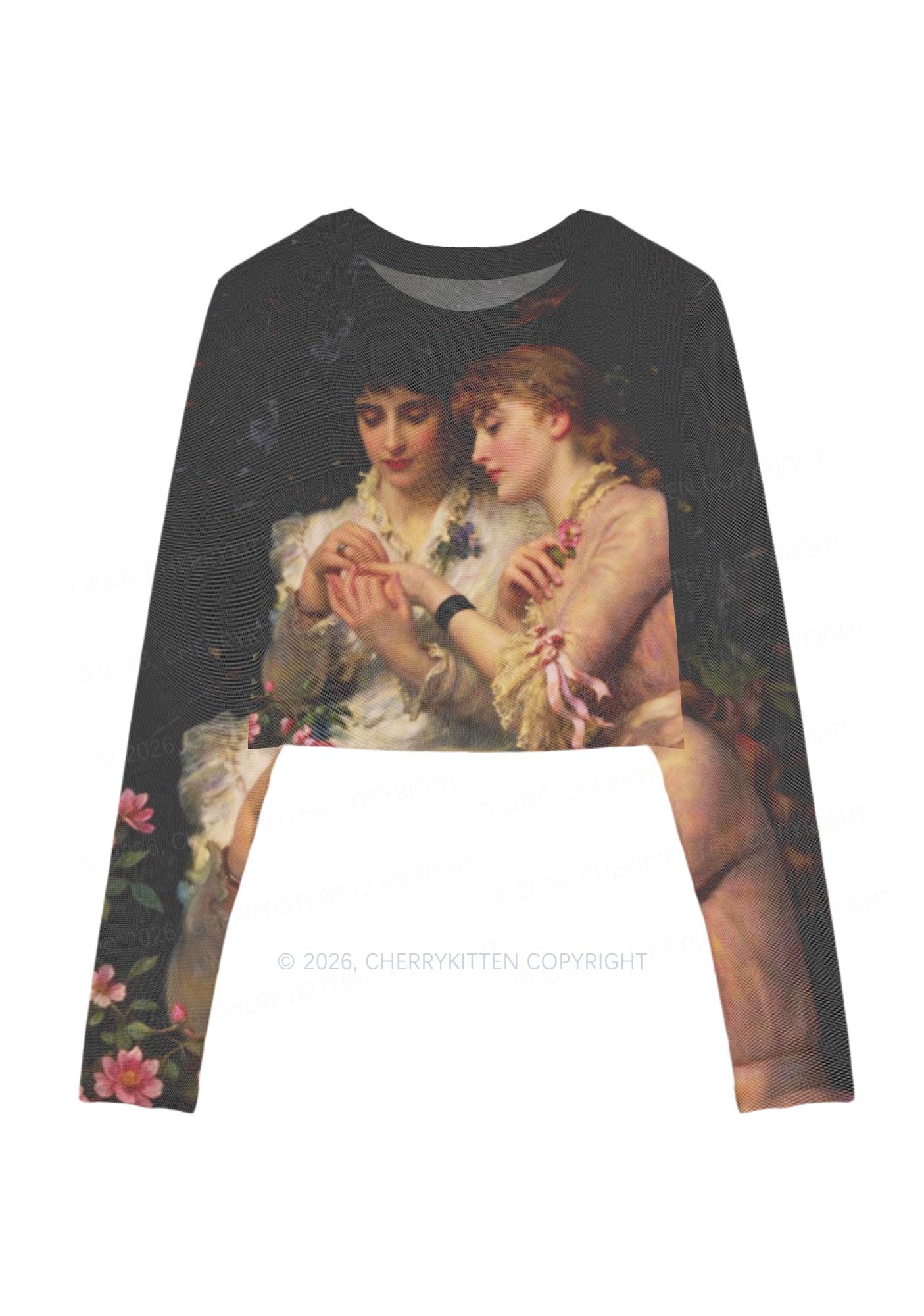 Vintage Victorian Women Art Pride Y2K Mesh Long Sleeve Crop Top Cherrykitten