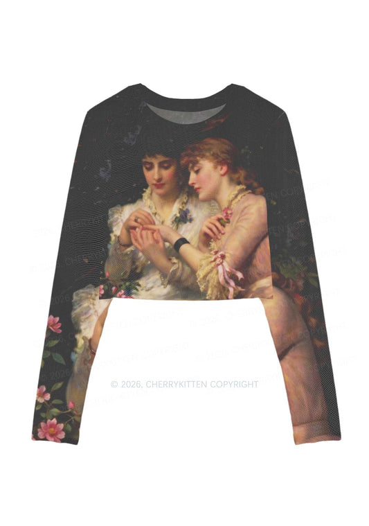 Vintage Victorian Women Art Pride Y2K Mesh Long Sleeve Crop Top Cherrykitten