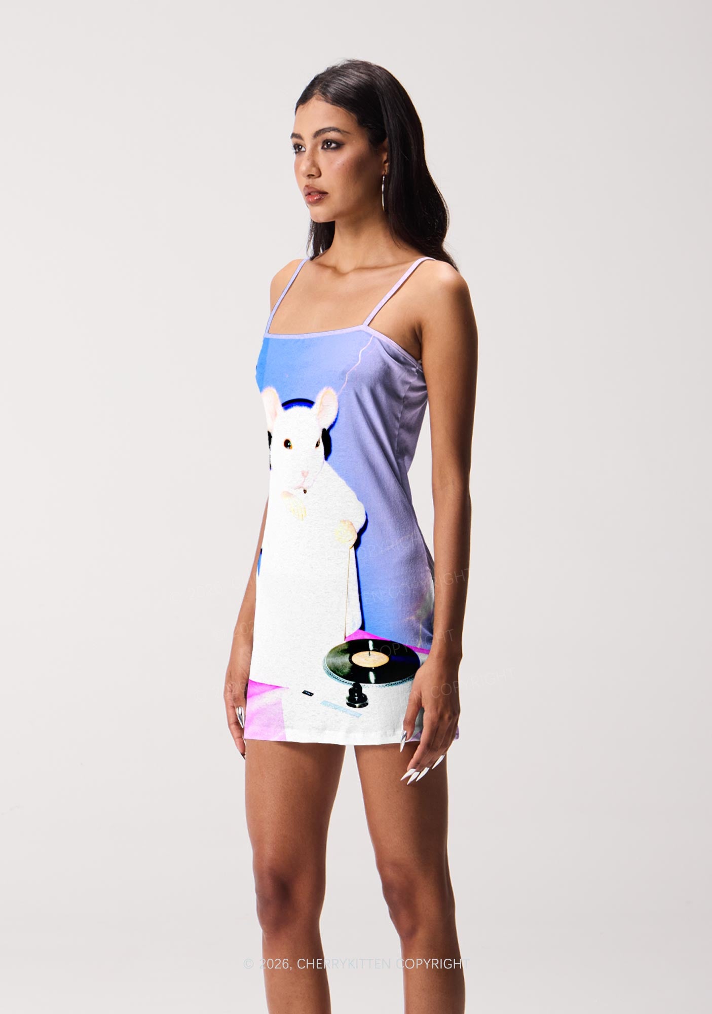 Neon Lightning DJ Rat Y2K Print Slip Dress Cherrykitten