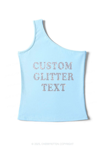 Custom Text Glitter Y2K One Shoulder Tank Top Cherrykitten