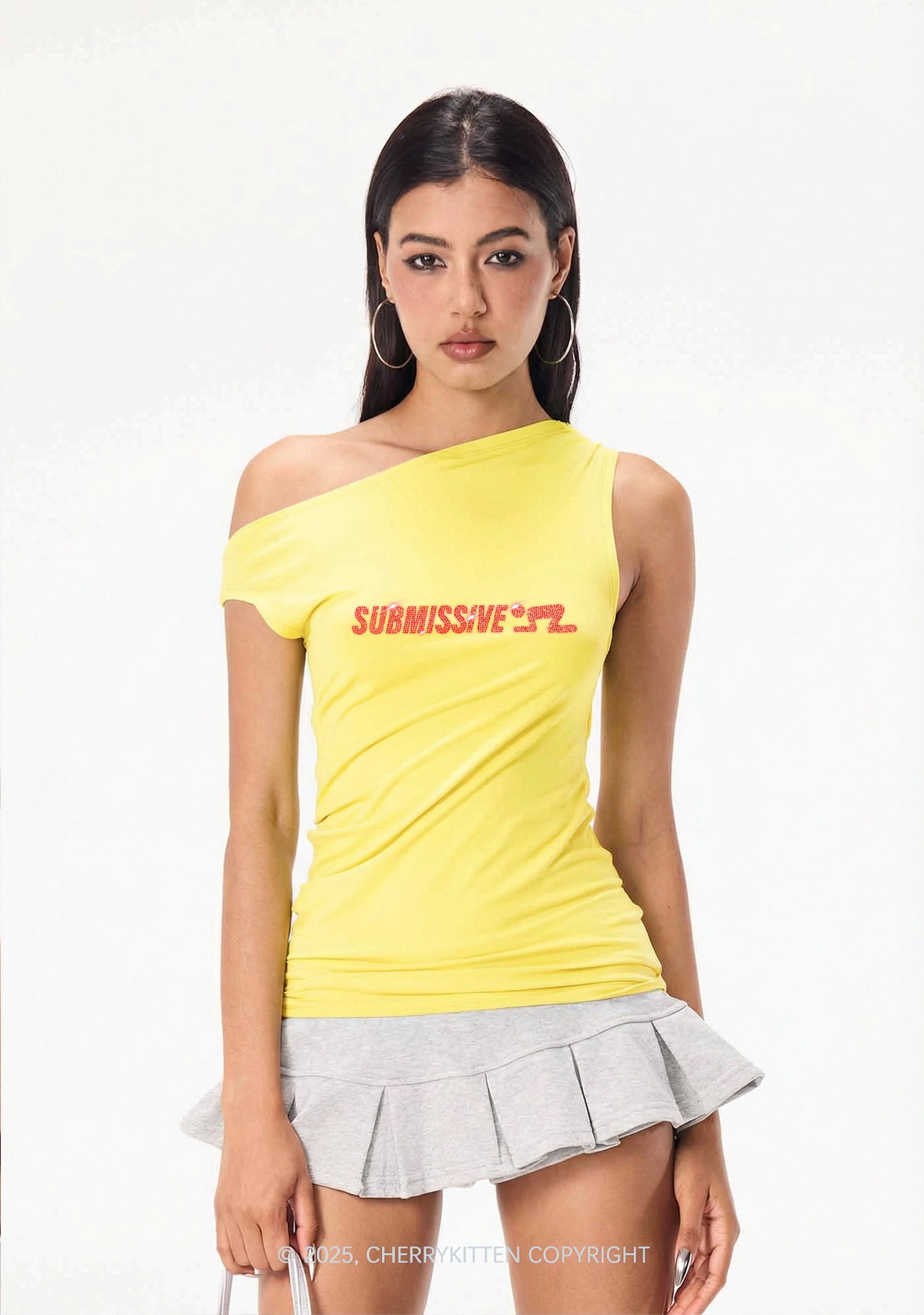 Rhinestone Submissive Man Y2K Off Shoulder Tank Top Cherrykitten