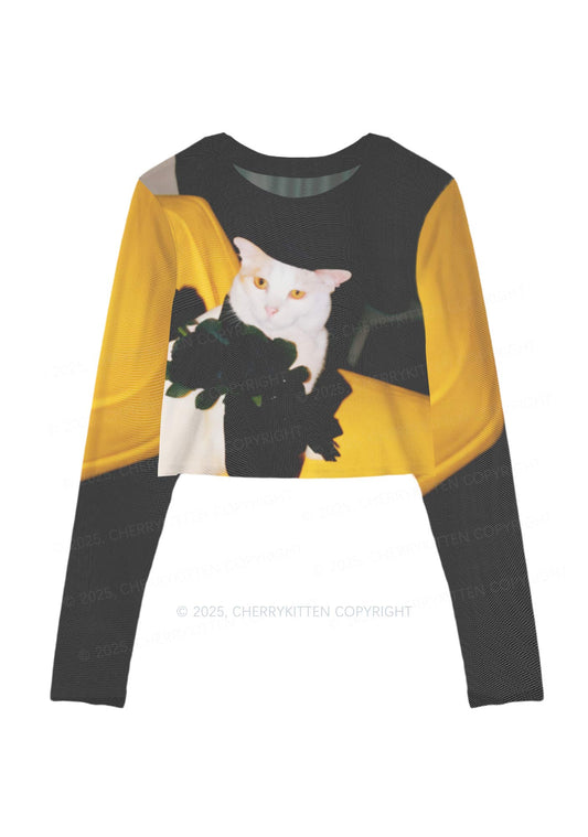 Cat With Black Roses Y2K Mesh Long Sleeve Crop Top Cherrykitten