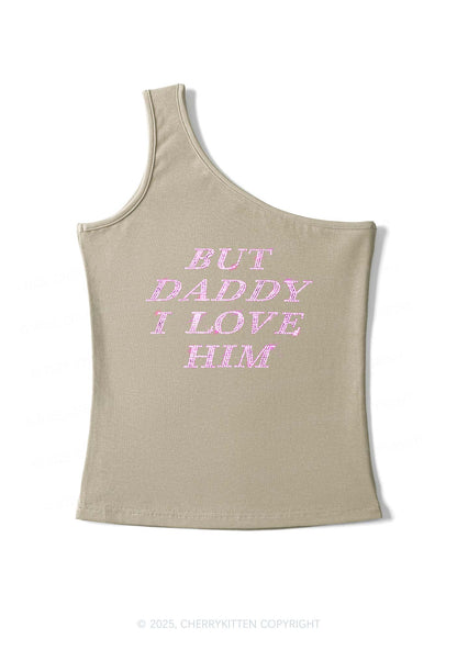 Rhinestone But Daddy I Love Him Y2K One Shoulder Tank Top Cherrykitten