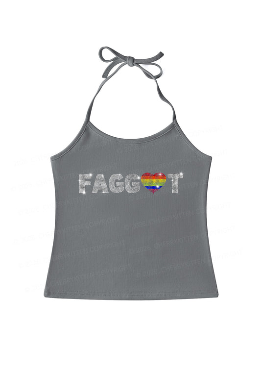 Rhinestone Rainbow Heart Faggot Pride Y2K Halter Neck Cami Cherrykitten