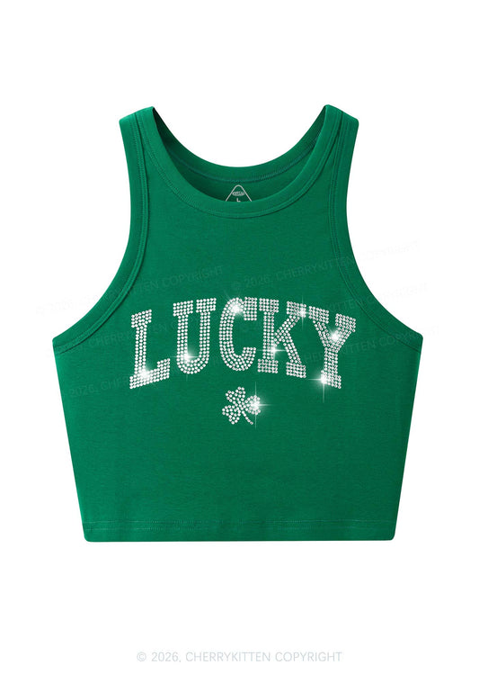 Rhinestone Lucky Shamrock St Patricks Y2K Crop Tank Top Cherrykitten