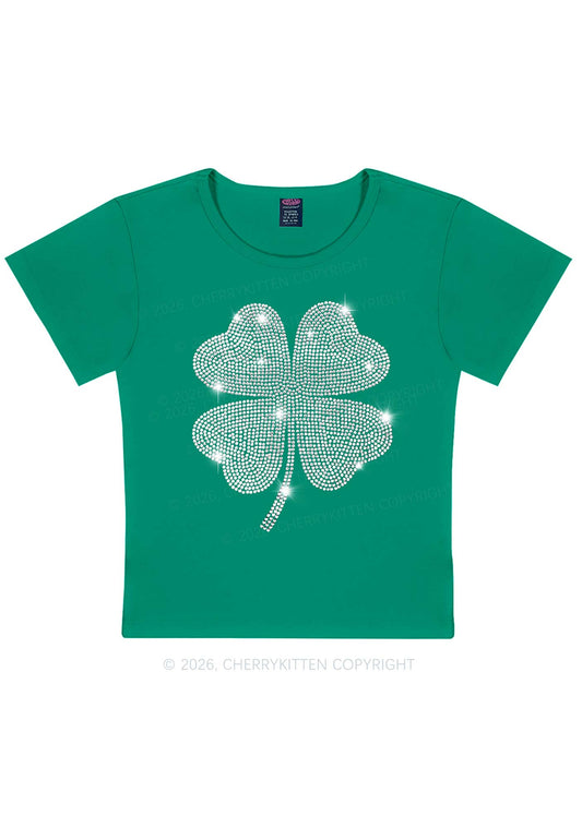 Rhinestone Four Leaf Clover St Patricks Y2K Baby Tee Cherrykitten