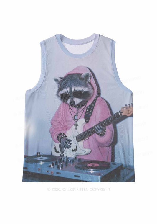 Pink Hoodie Raccoon DJ Y2K Mesh Muscle Tank Cherrykitten