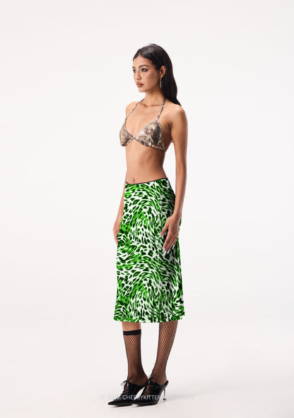 Retro Green Leopard St Patricks Y2K Print Midi Skirt Cherrykitten